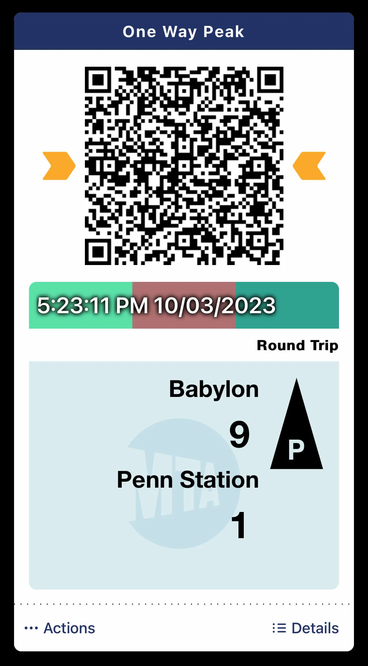 Screenshot of a LIRR digital ticket