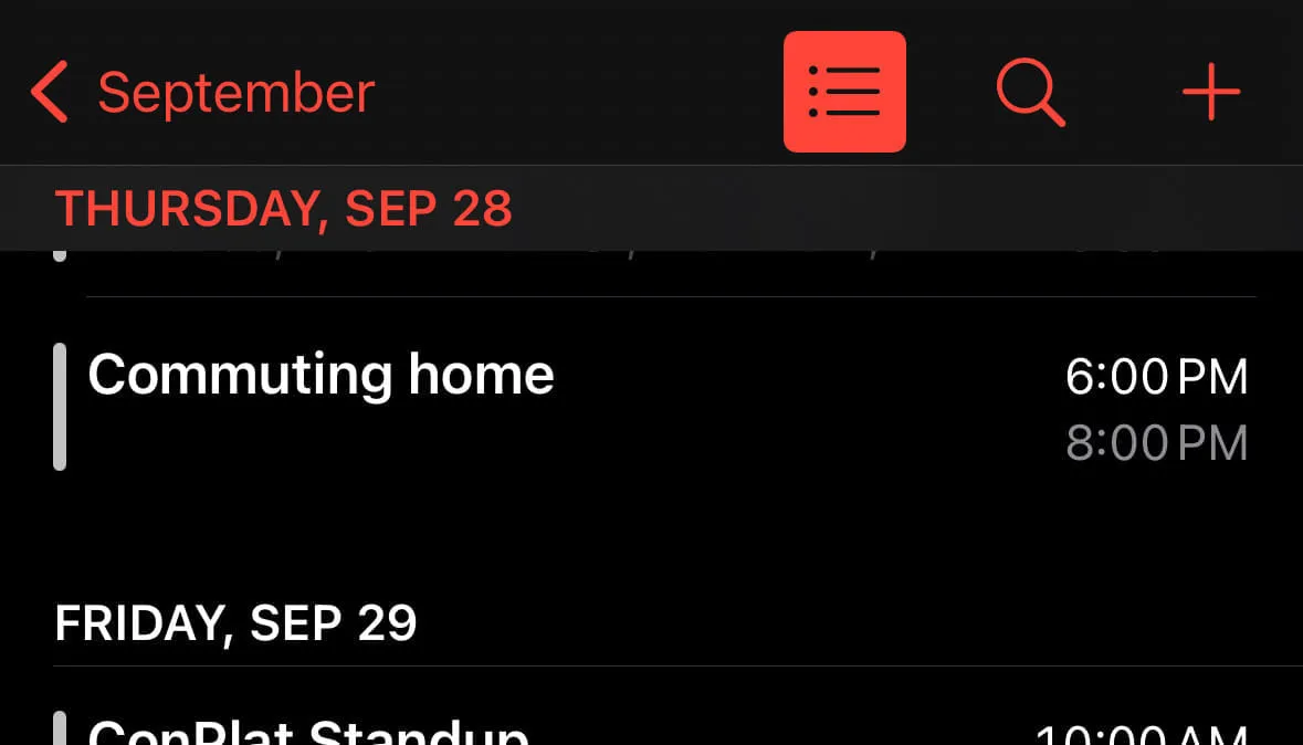 Screenshot of Apple Calendar with a "Commuting Home" event from 6-8pm