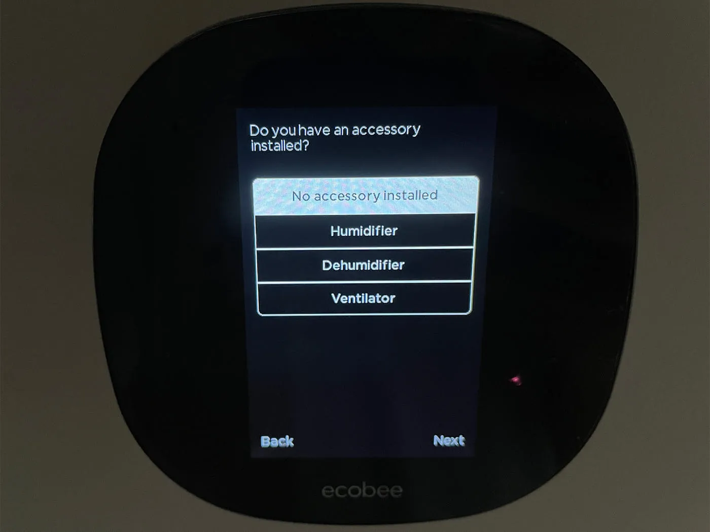 Ecobee thermostat Accessory Options screen