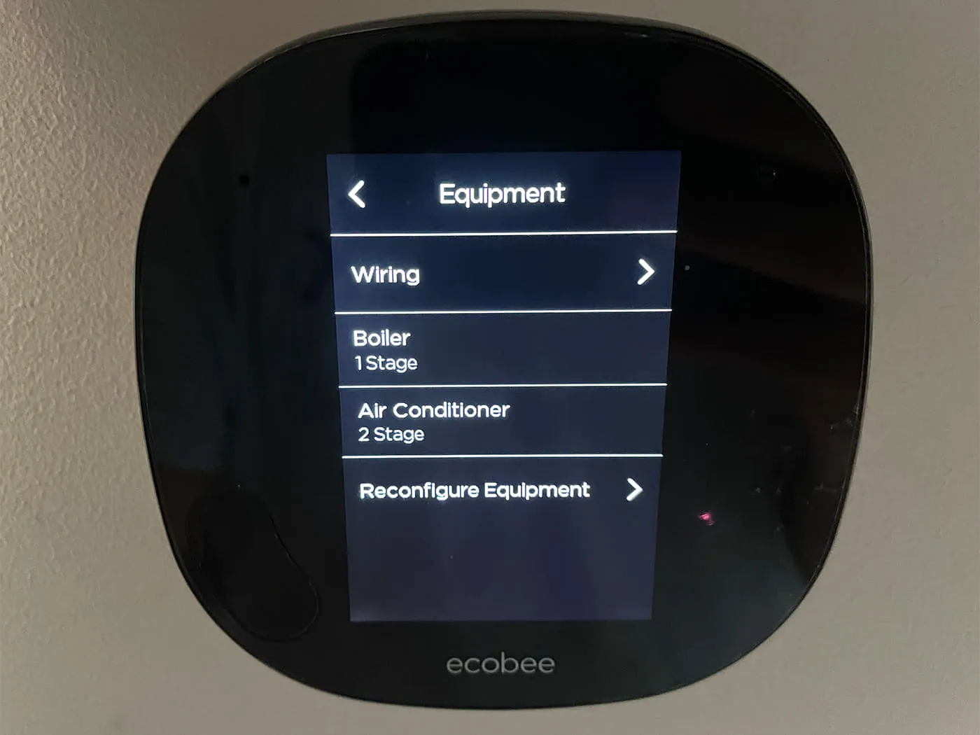 Ecobee thermostat Equipment settings screen