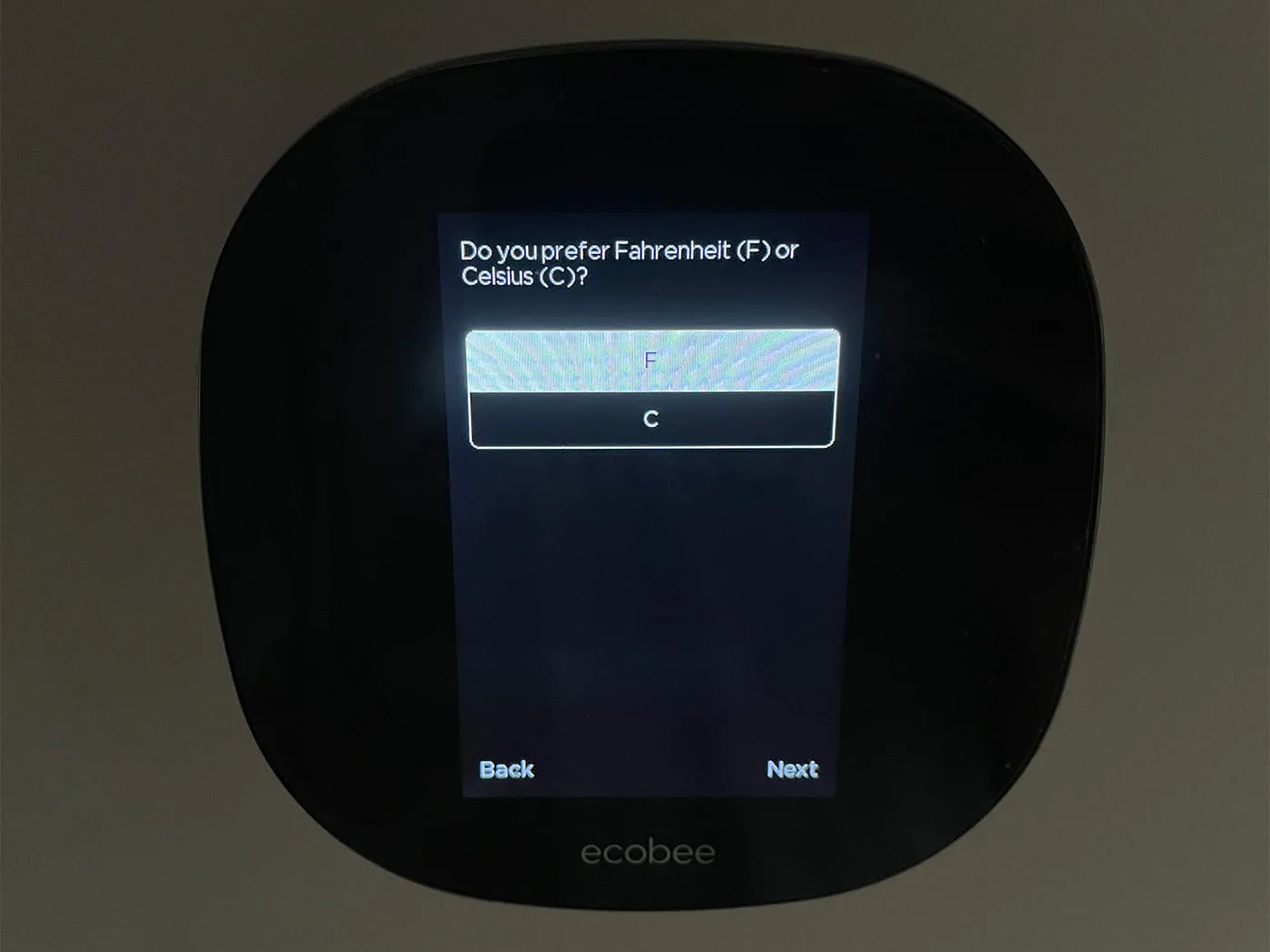 Ecobee thermostat Temperature Scale screen