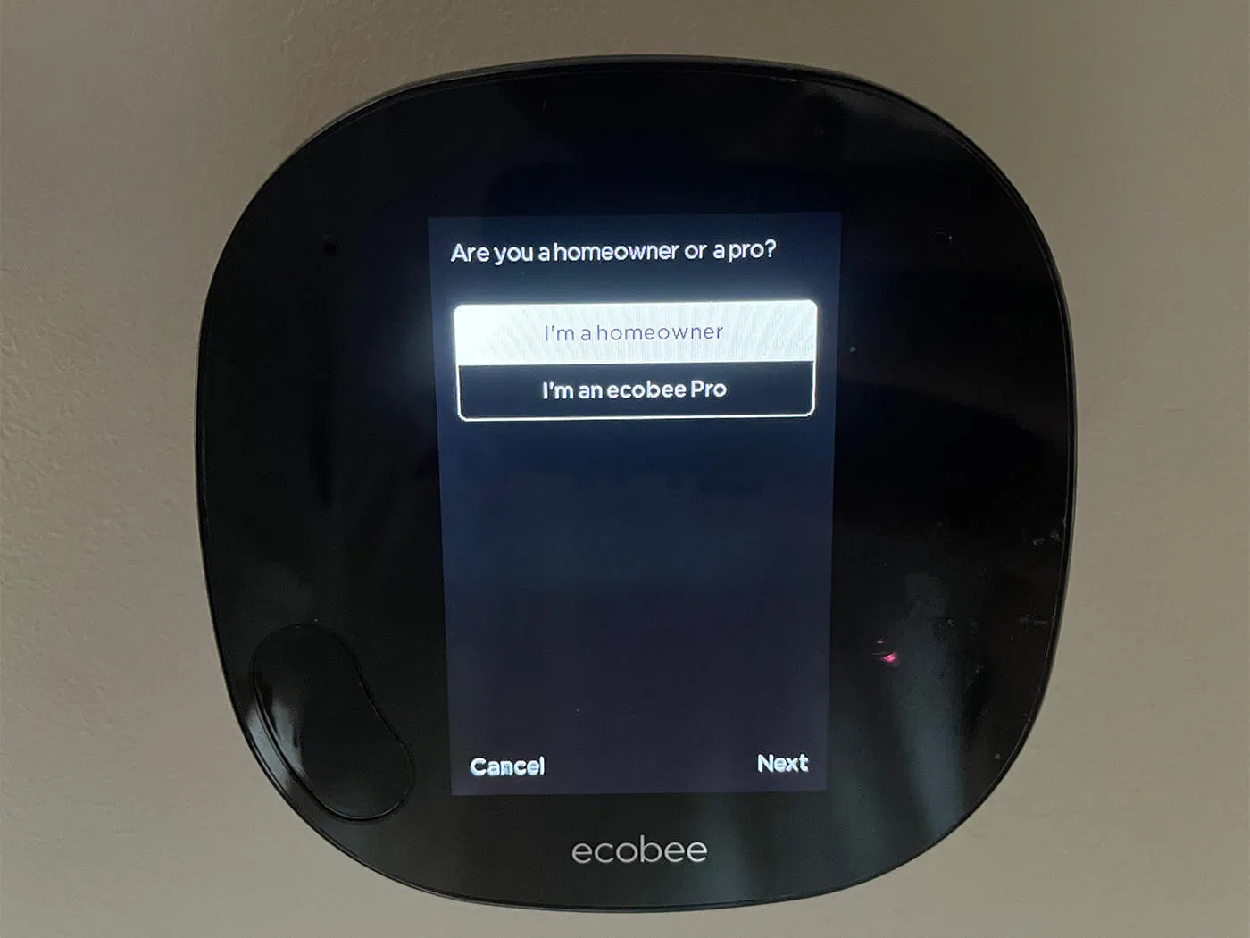 Ecobee thermostat Homeowner or Pro? settings screen