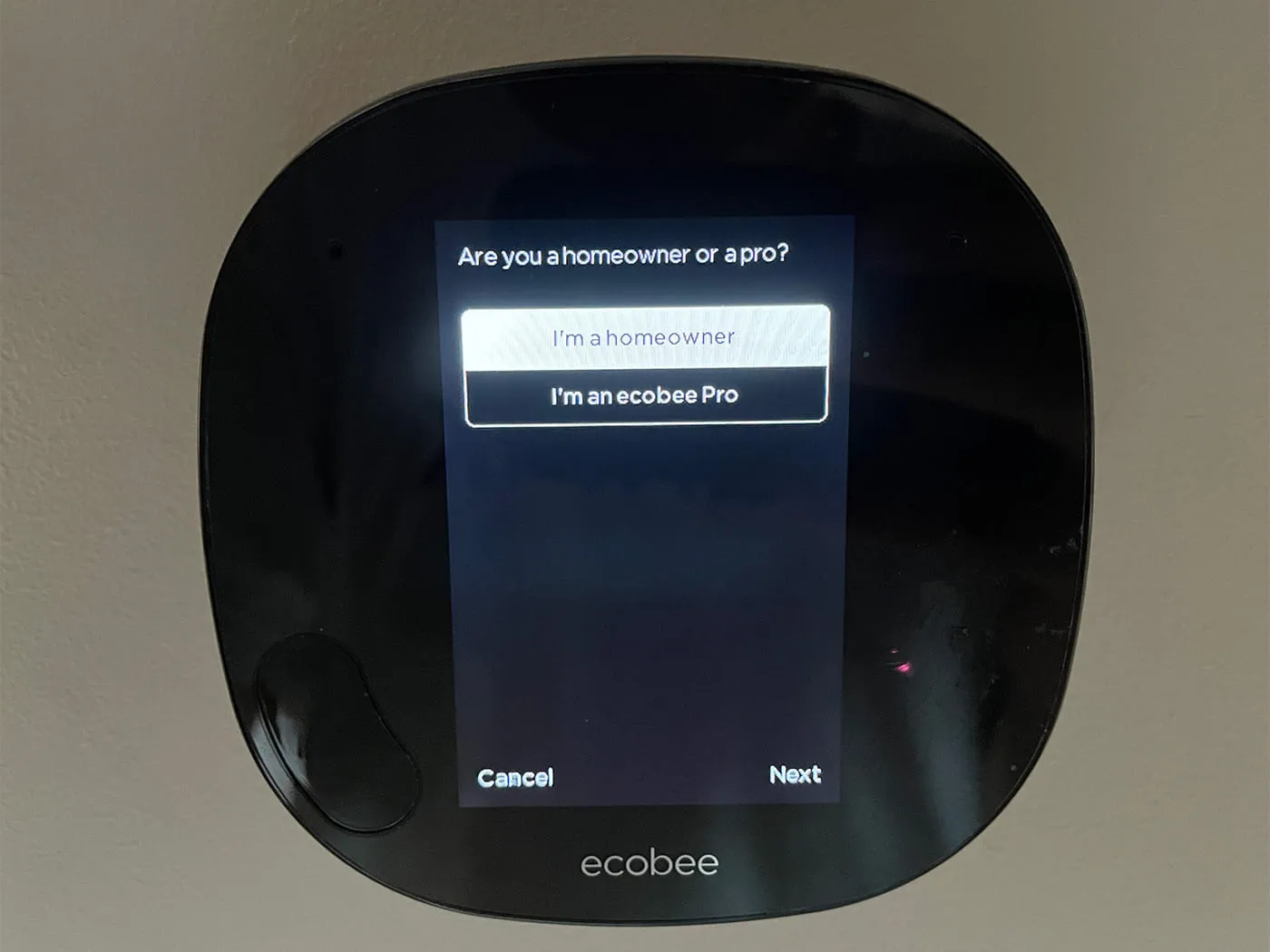 Ecobee thermostat Homeowner or Pro? settings screen