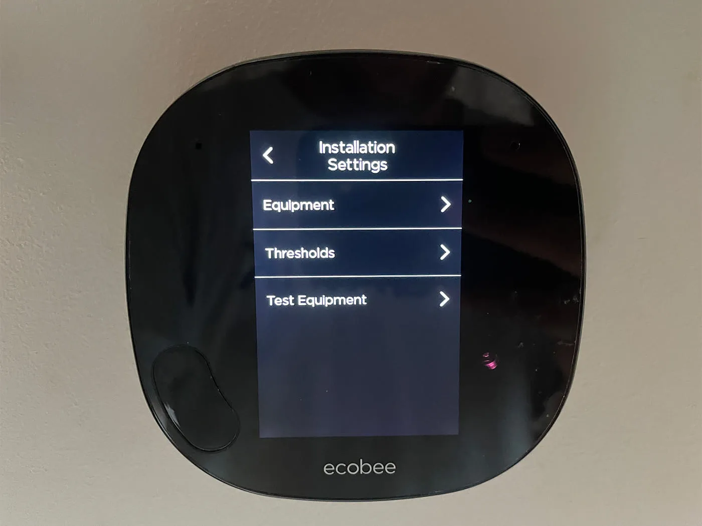 Ecobee thermostat Installation Settings screen