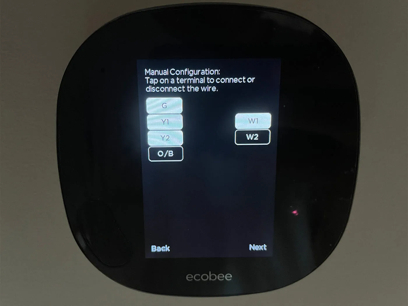 Ecobee thermostat Manual Wiring Configuration screen