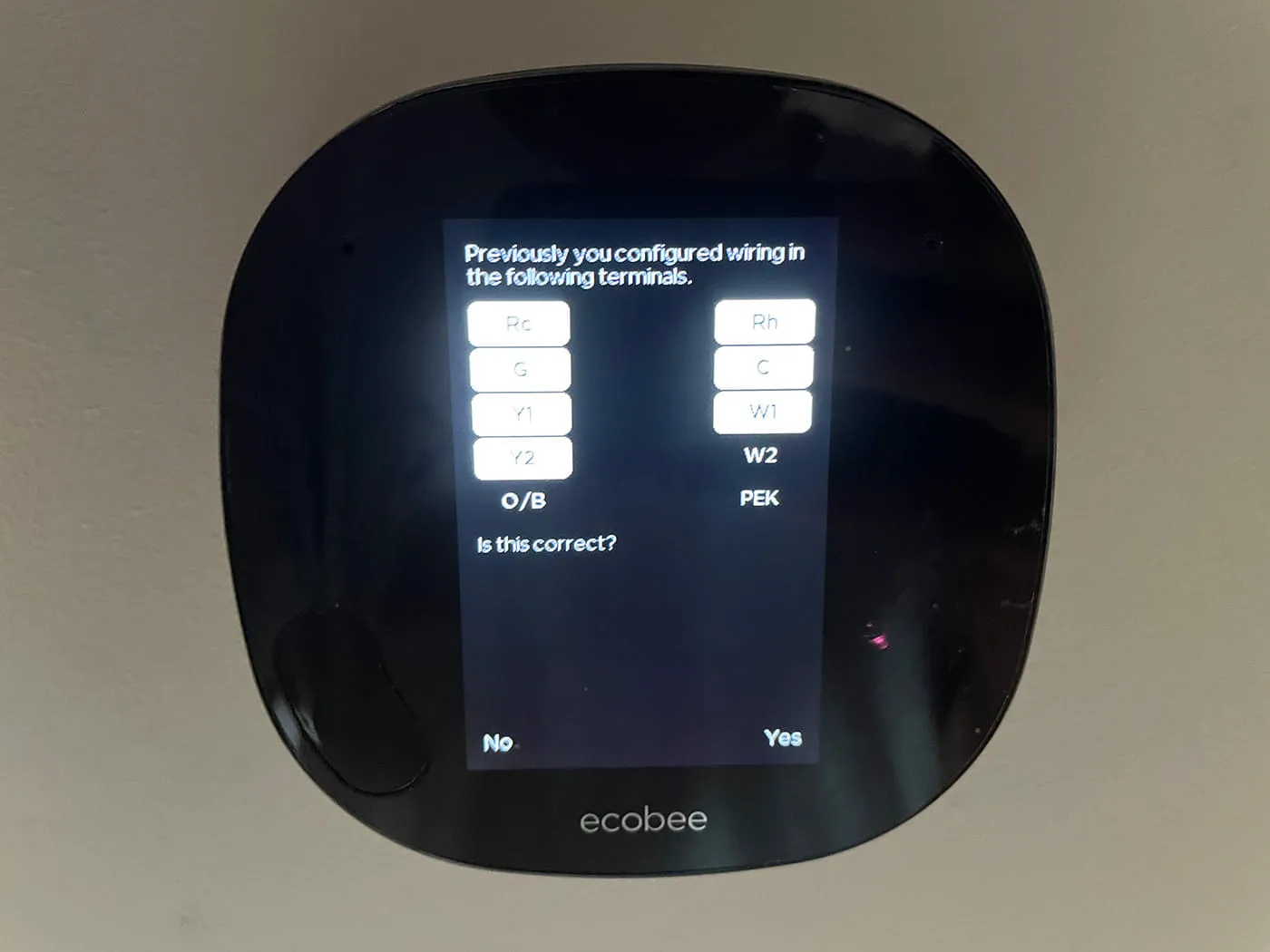 Ecobee thermostat Previouly Configured Wiring Confirmation screen