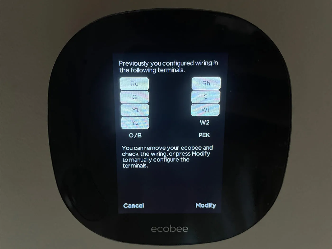 Ecobee thermostat Previously Configured Wiring Modify screen