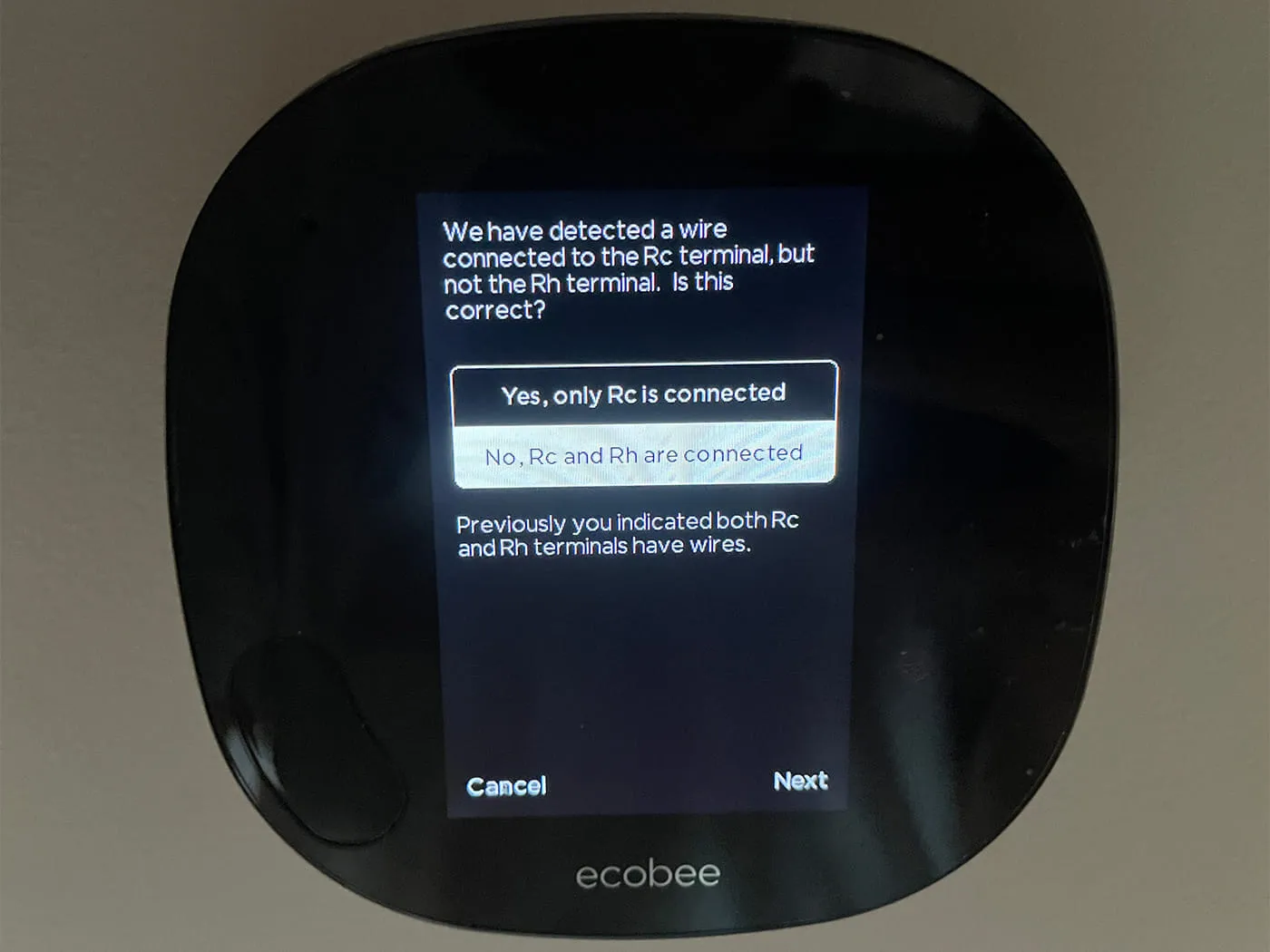 Ecobee thermostat Wire Detection screen