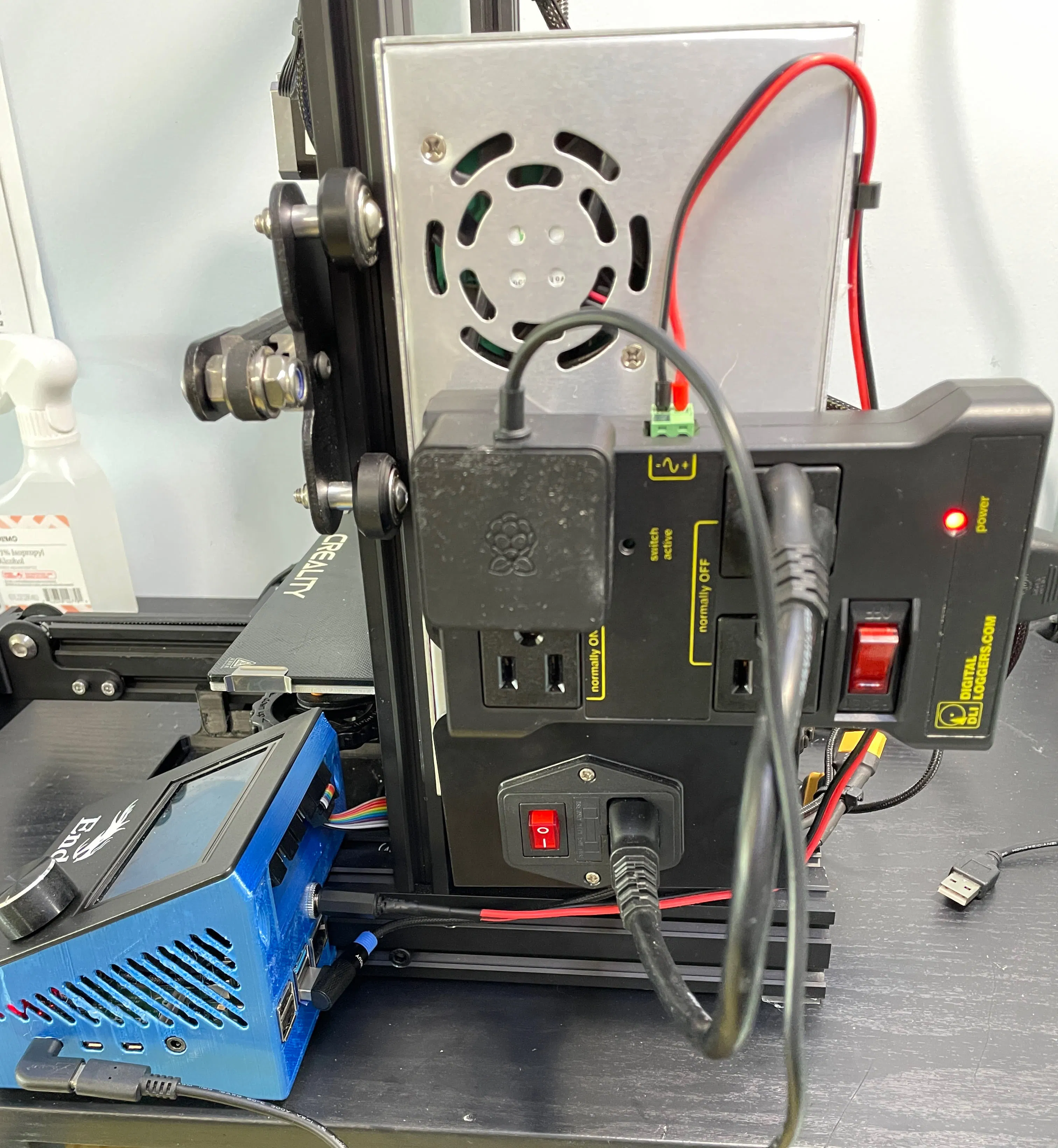 Side view of the Ender 3 with IoT Power Relay stuck to the side of the Ender 3’s PSU