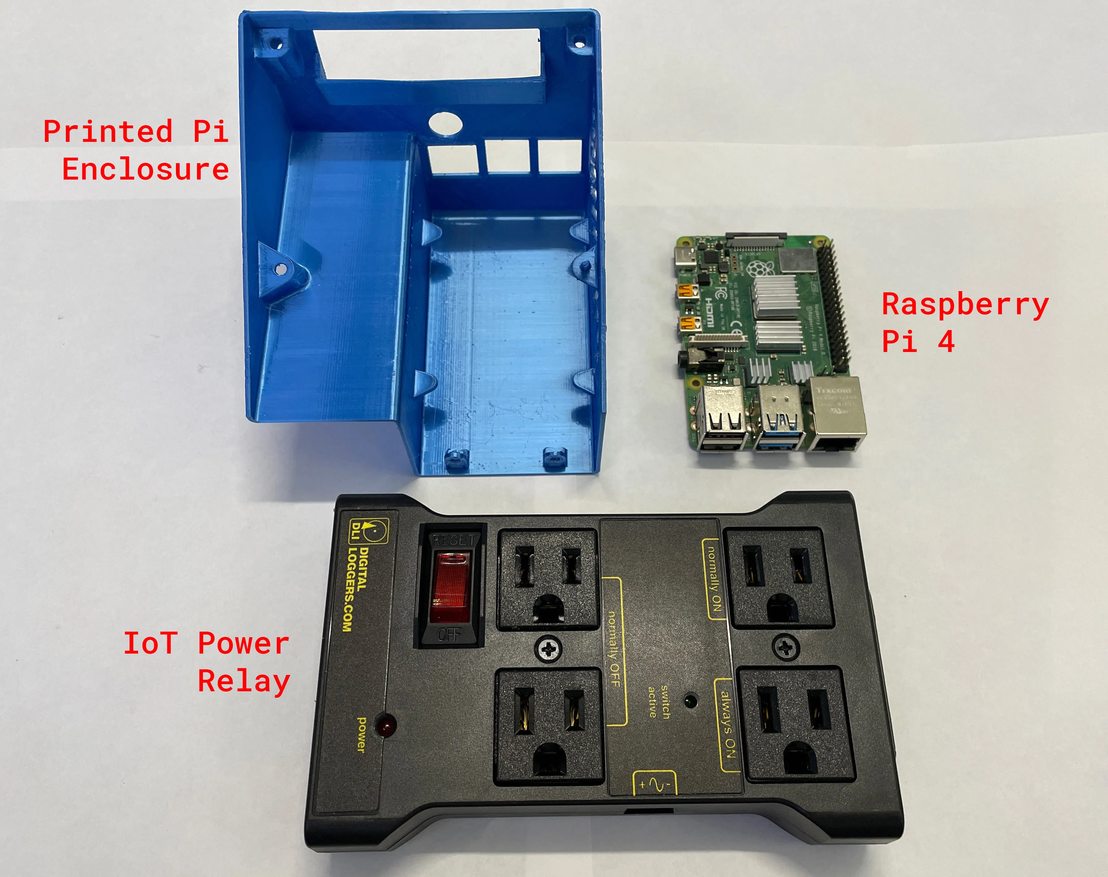 Top view of printed enclosure, a Raspberry Pi 4, and the IoT Power Relay