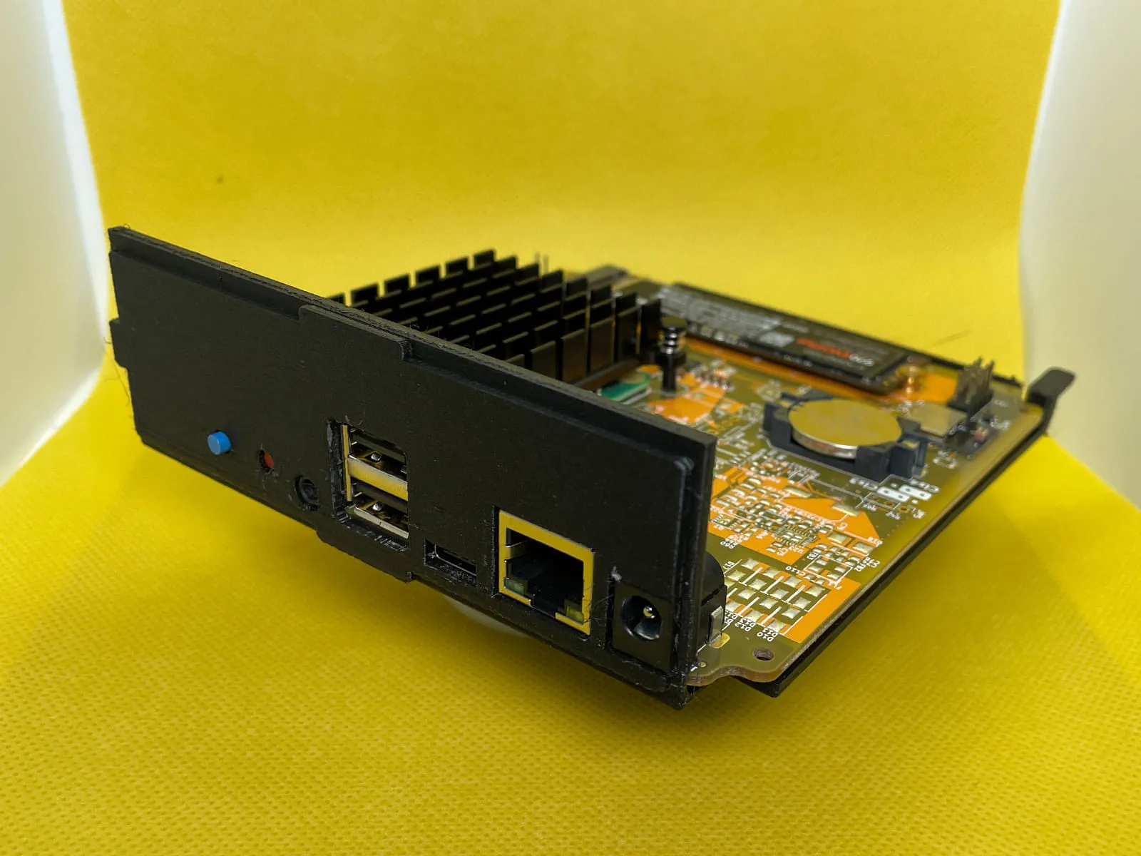 Corner view of HA Yellow in 3D printed rack mount panel