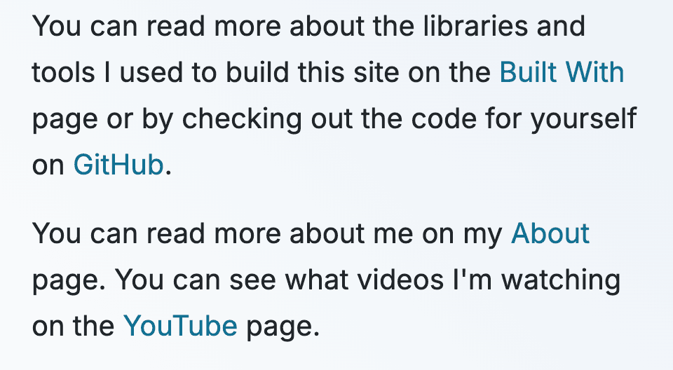 Screenshot of links on the home page before migrating to Tailwind