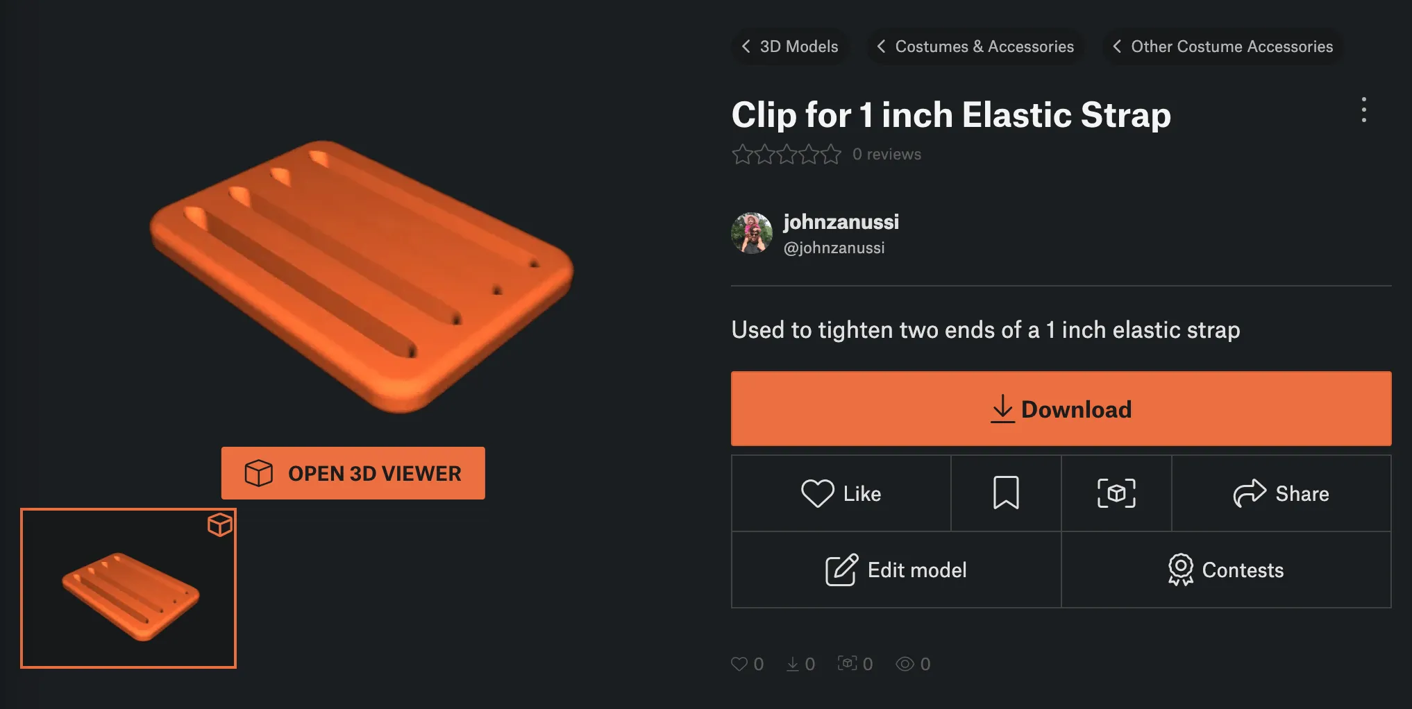 Screenshot of Clip for 1 inch Elastic Strap on Printables.com