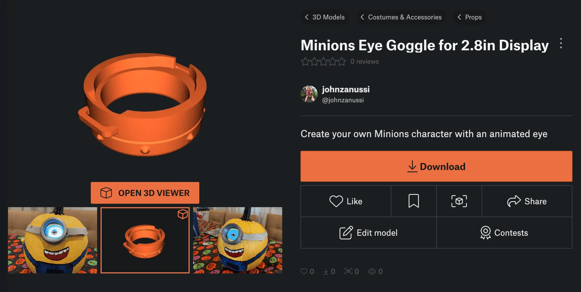 Screenshot of Minions Eye Goggle on Printables.com