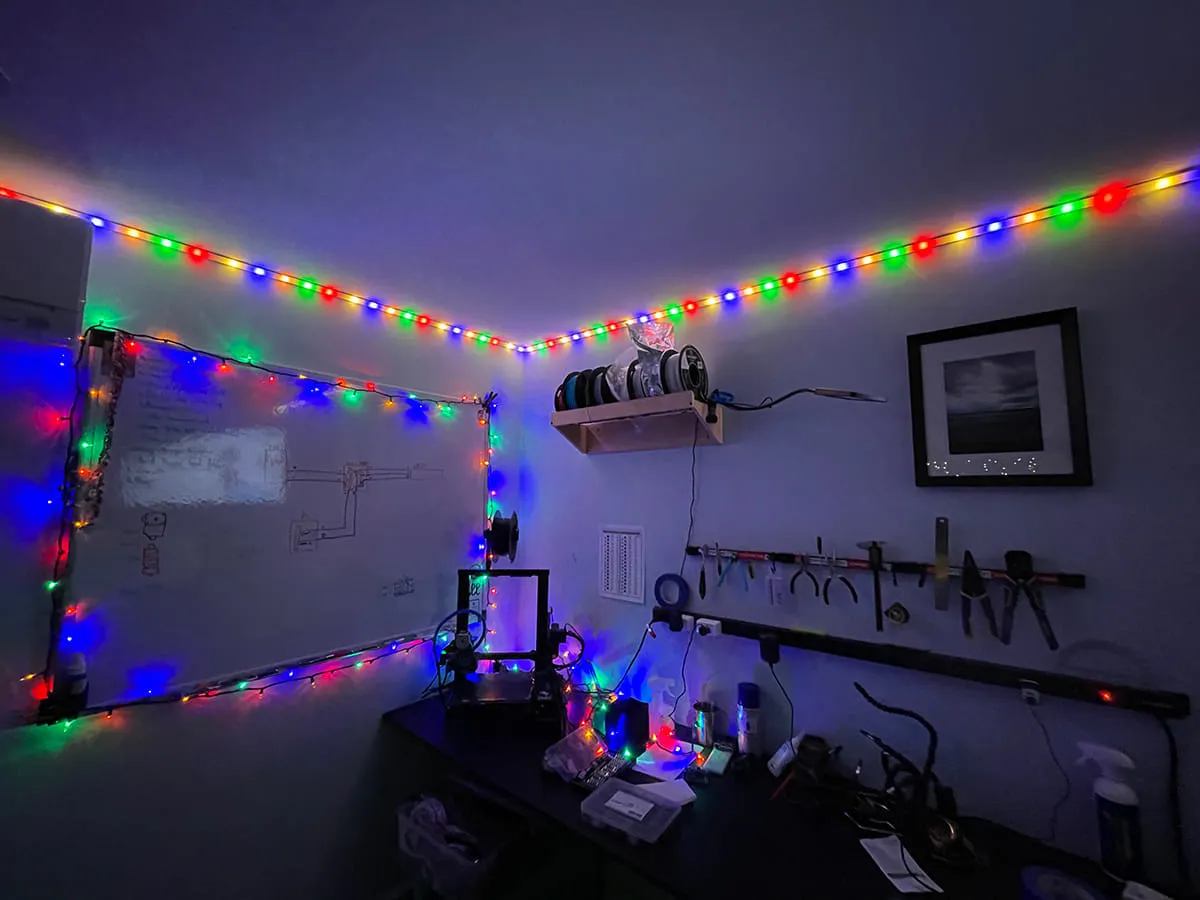 Dimly lit office corner with christmas LEDs