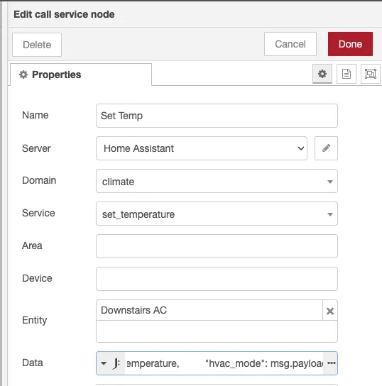 Set temp call service node details