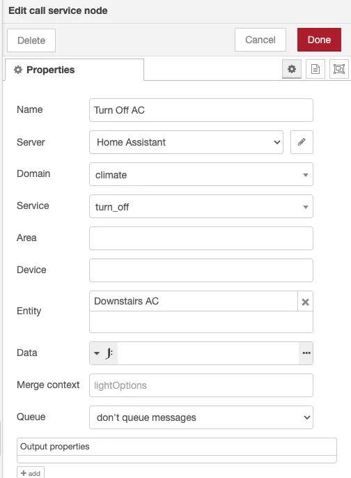 Turn off AC call service node details