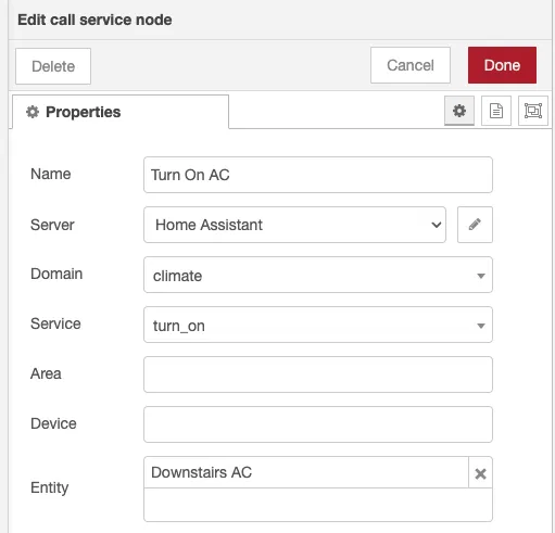 Turn on AC call service node details
