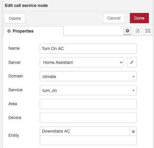 Turn on AC call service node details