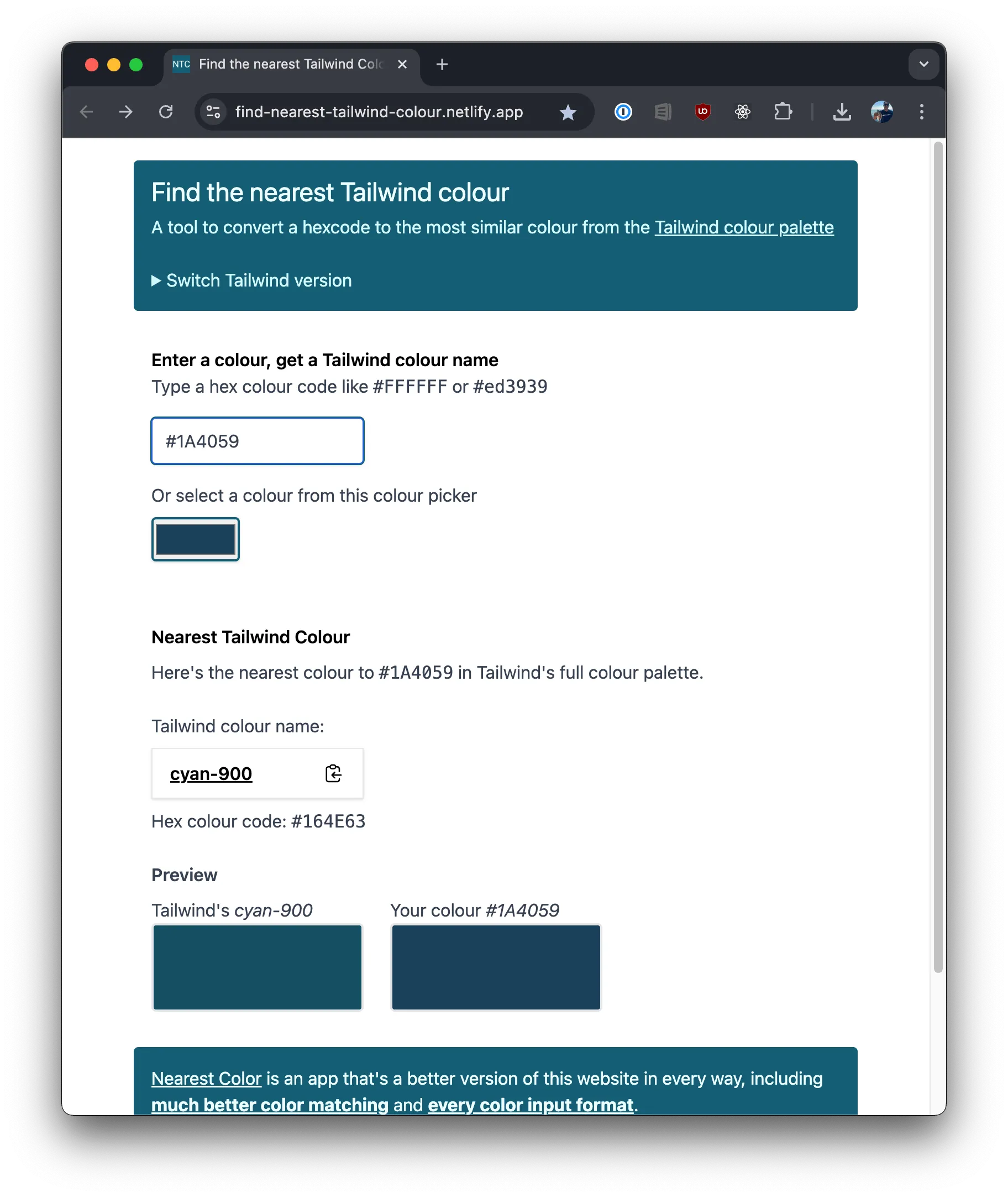 Screenshot of the "Find the nearest Tailwind colour" website at https://find-nearest-tailwind-colour.netlify.app/