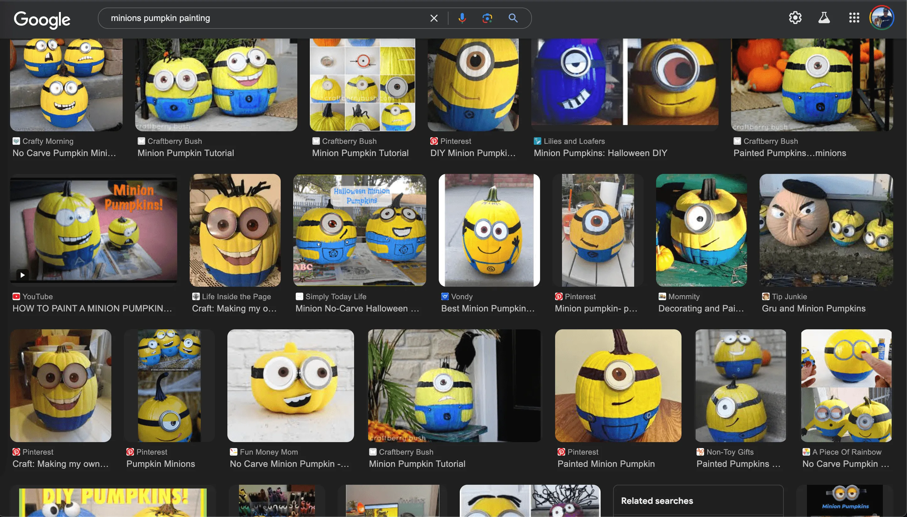 Screenshot of Google image search results for "minions pumpkin painting"