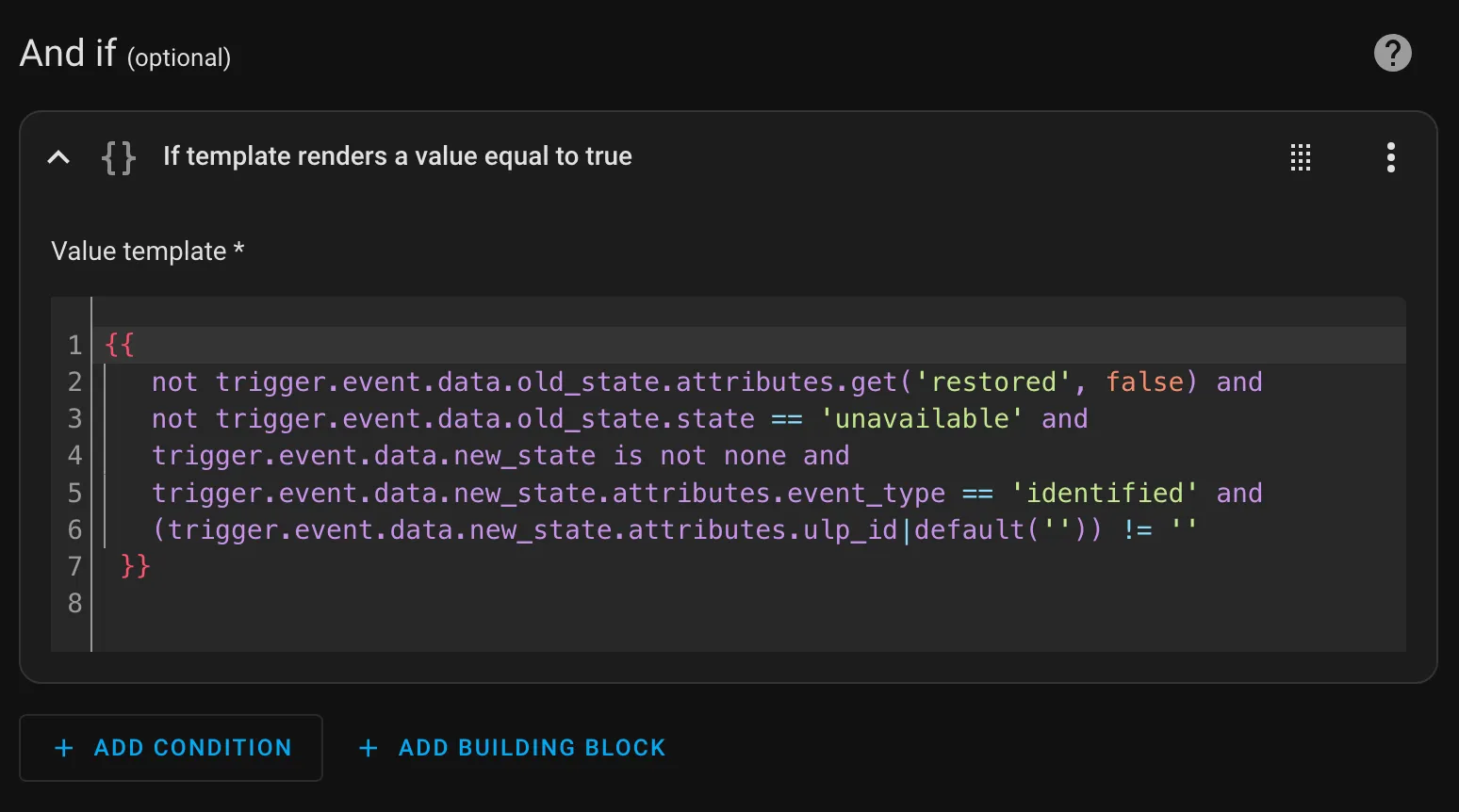 Screenshot of the Home Assistant automation interface where a template is used as a condition