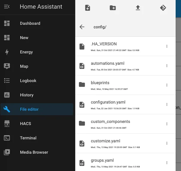 Screenshot of the left hand navigation in Home Assistant with the File Editor link active