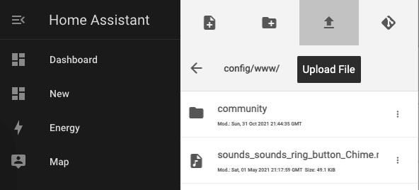 Screenshot of the File Editor interface in Home Assistant with the Upload File icon active