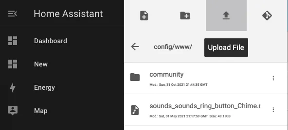 Screenshot of the File Editor interface in Home Assistant with the Upload File icon active