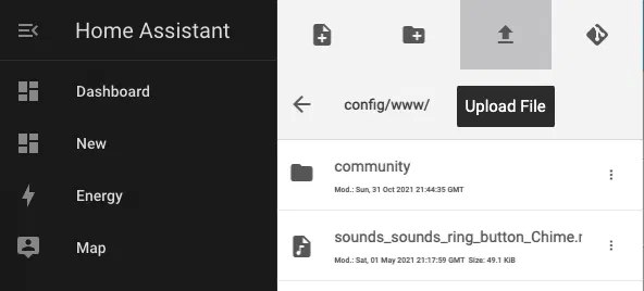 Screenshot of the File Editor interface in Home Assistant with the Upload File icon active
