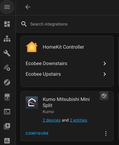 Screenshot of Home Assistant integrations