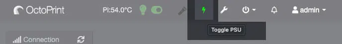 Screen shot of OctoPrint’s top navigation bar with the PSU plugin’s lightning bolt icon green signifying power on