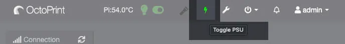 Screen shot of OctoPrint's top navigation bar with the PSU plugin's lightning bolt icon green signifying power on