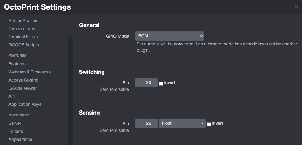 Screenshot of the PSU Control - RPI.GPIO plguin for OctoPrint