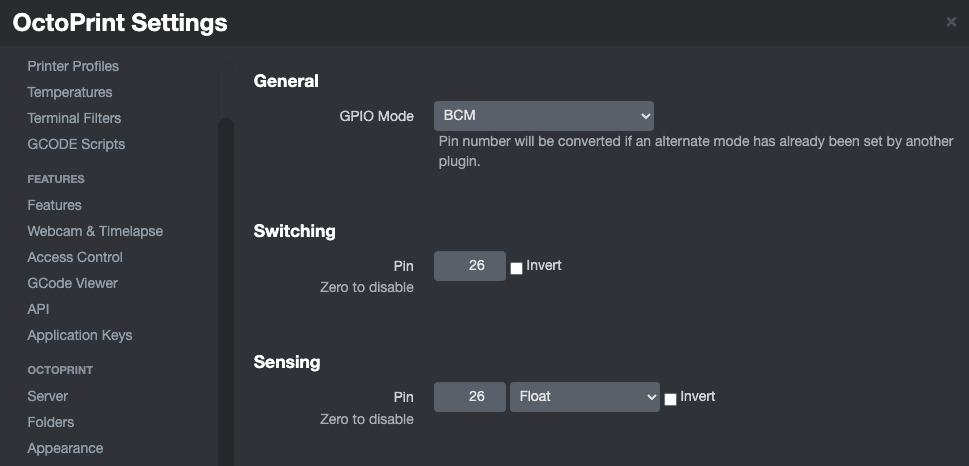 Screenshot of the PSU Control - RPI.GPIO plguin for OctoPrint