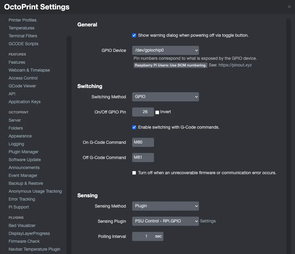 Screenshot of the PSU Control plguin for OctoPrint