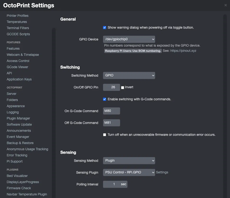Screenshot of the PSU Control plguin for OctoPrint