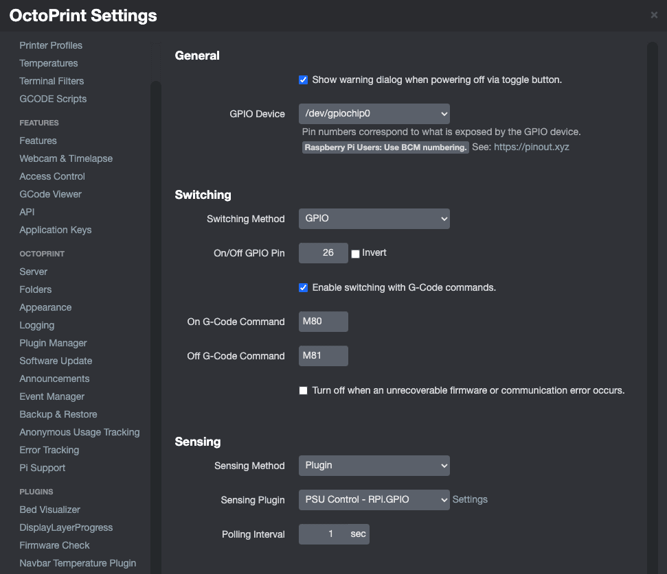 Screenshot of the PSU Control plguin for OctoPrint