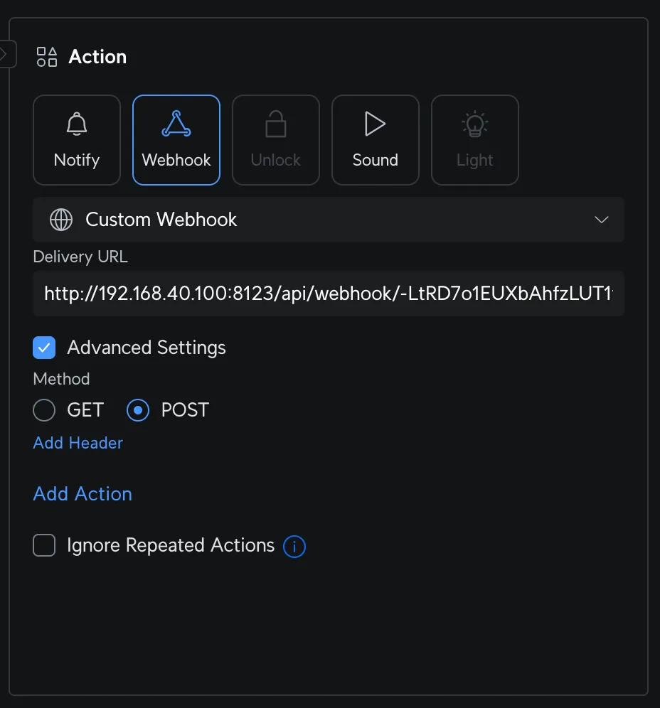 Screenshot of the Action section in UniFi Protect with Webhook selected