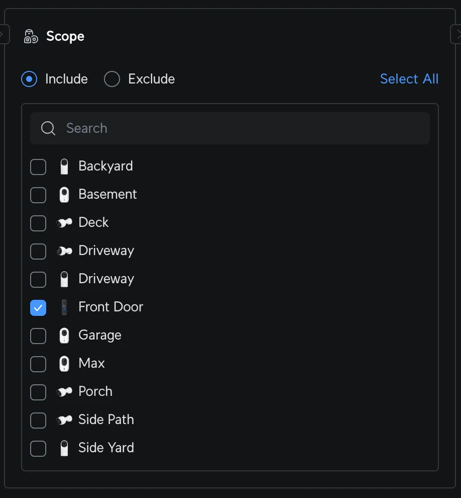 Screenshot of the Scope section in UniFi Protect with Front Door selected