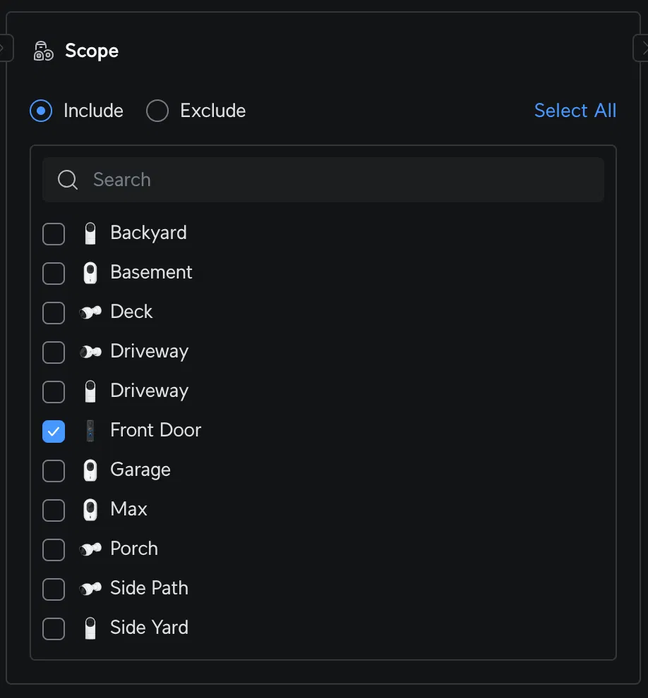 Screenshot of the Scope section in UniFi Protect with Front Door selected