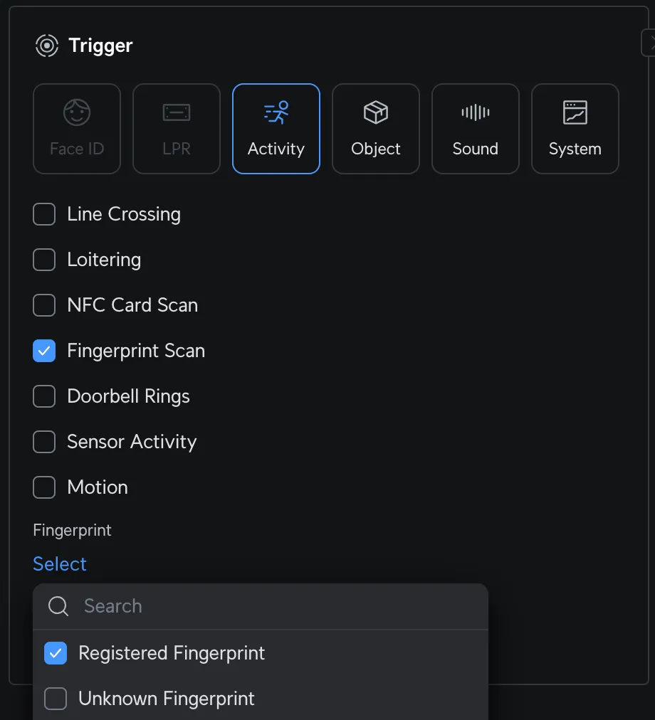 Screenshot of the Trigger section in UniFi Protect with Fingerprint Scan selected