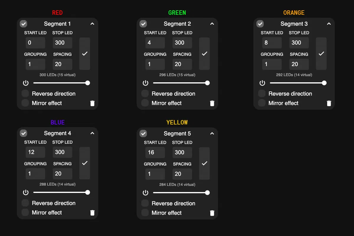 Screen shot of five segments in WLED interface