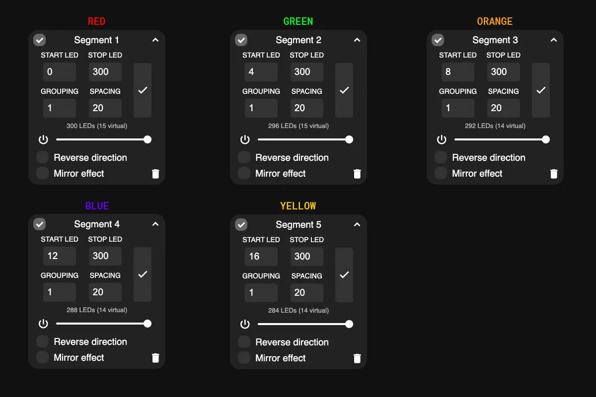 Screen shot of five segments in WLED interface